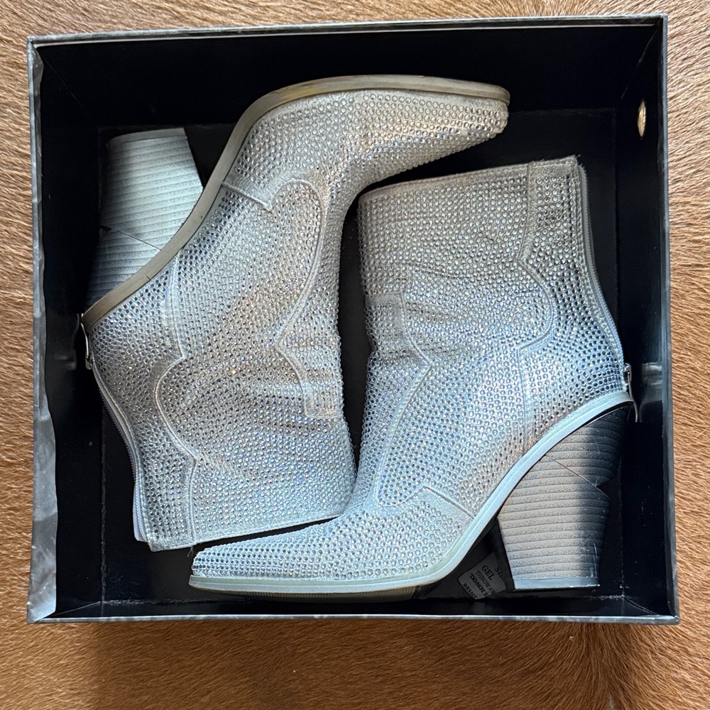 Metallic Silver Rhinestone Western Booties - Women's Ankle Boots